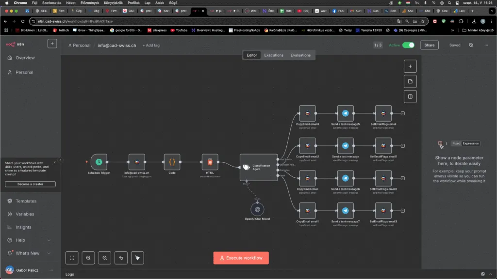 n8n-Workflow zur automatischen Kategorisierung eingehender E-Mails in vier Gruppen inklusive Action, Projekt, Intern und Spam bei CAD-Swiss